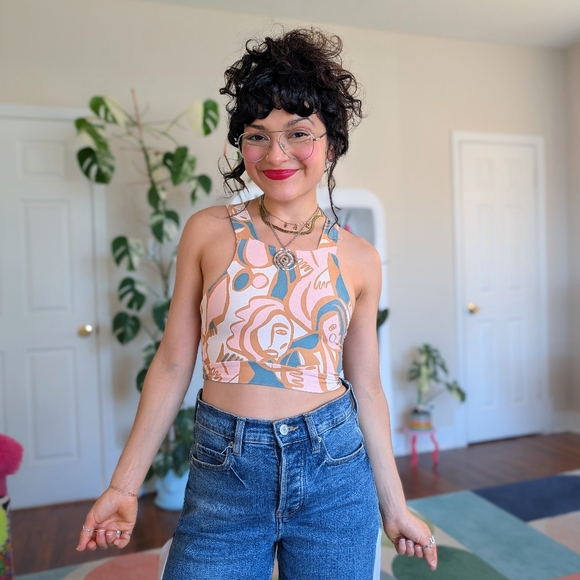 Dazey LA Tops - Dazey LA Abstract Floral Crop Tank - Pink, Peach & Teal